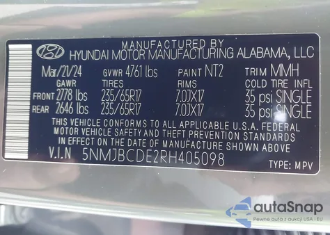 2024 Hyundai Tucson Sel из США, поврежденный, VIN 5NMJBCDE2RH405098